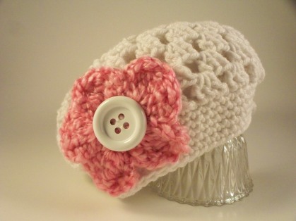 White Crochet Baby Child Hat with Pink Flower