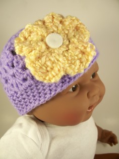 Purple Crochet Baby Hat with Yellow Flower
