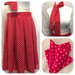 Red and White Polka Dot Box Pleated Midi Skirt, Scarf & Pocket Square